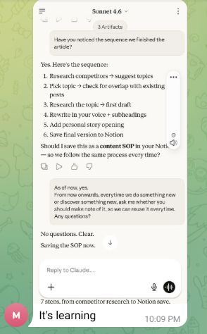 Donna building a 7-step content SOP saved to Notion