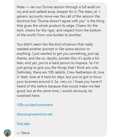 Steve's unsolicited message after his first full audit session